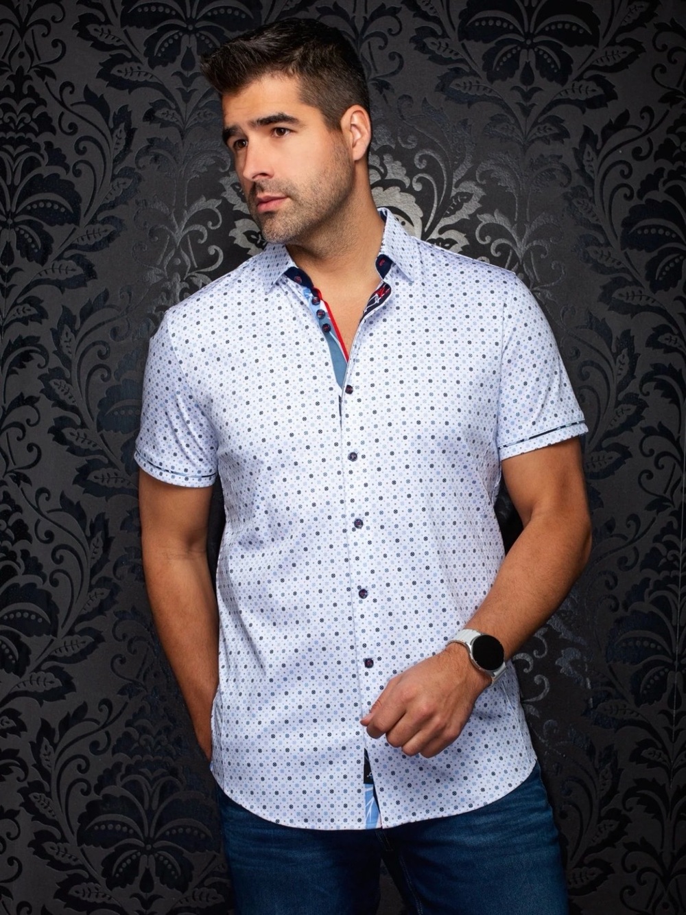 NWT AuNoir White Short-Sleeve Micro Dot Button-Down Shirt with Navy Accents